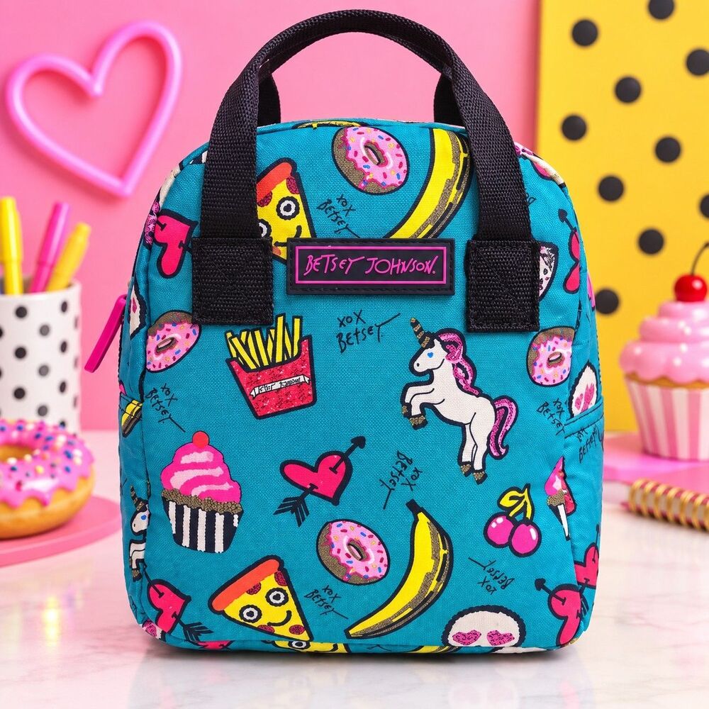 Betsey Johnson Insulated Lunch Bag Unicorn Food Print Blue Pizza Fries Skull
